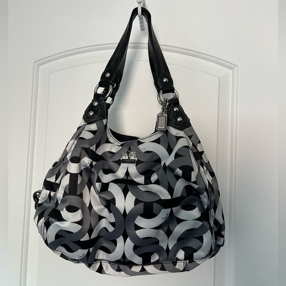 Coach Handbags - Coach Madison Op Art Sateen Maggie Shoulder Bag - Black/Gray/White